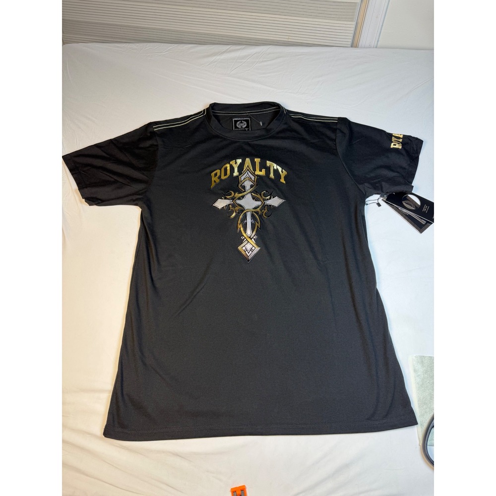 CR-24 Chrome Edge Mens Royalty Cross Graphic T-Shirt Black Gold Metallic Large